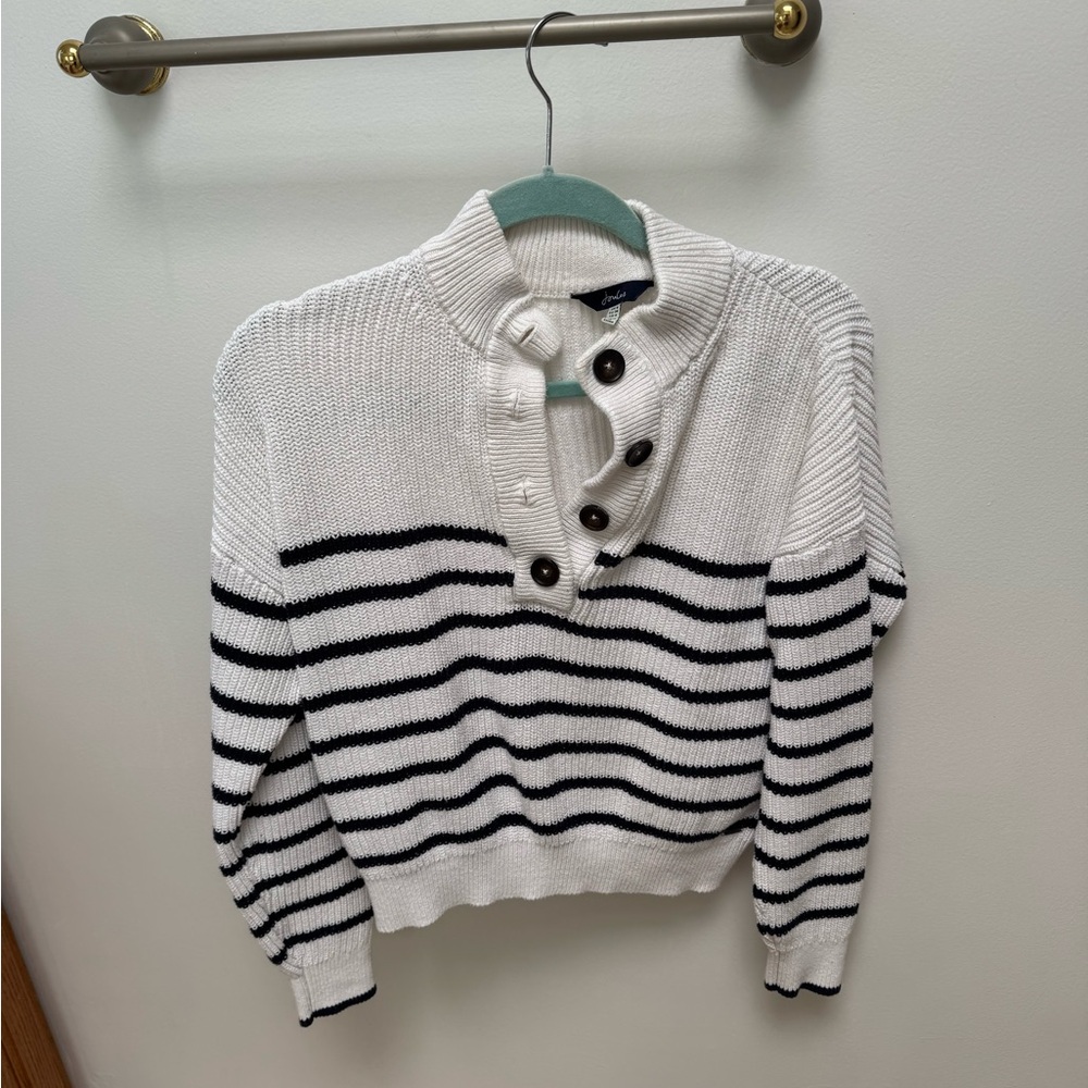 Button-Neck Striped Knit Sweater - White/Navy
